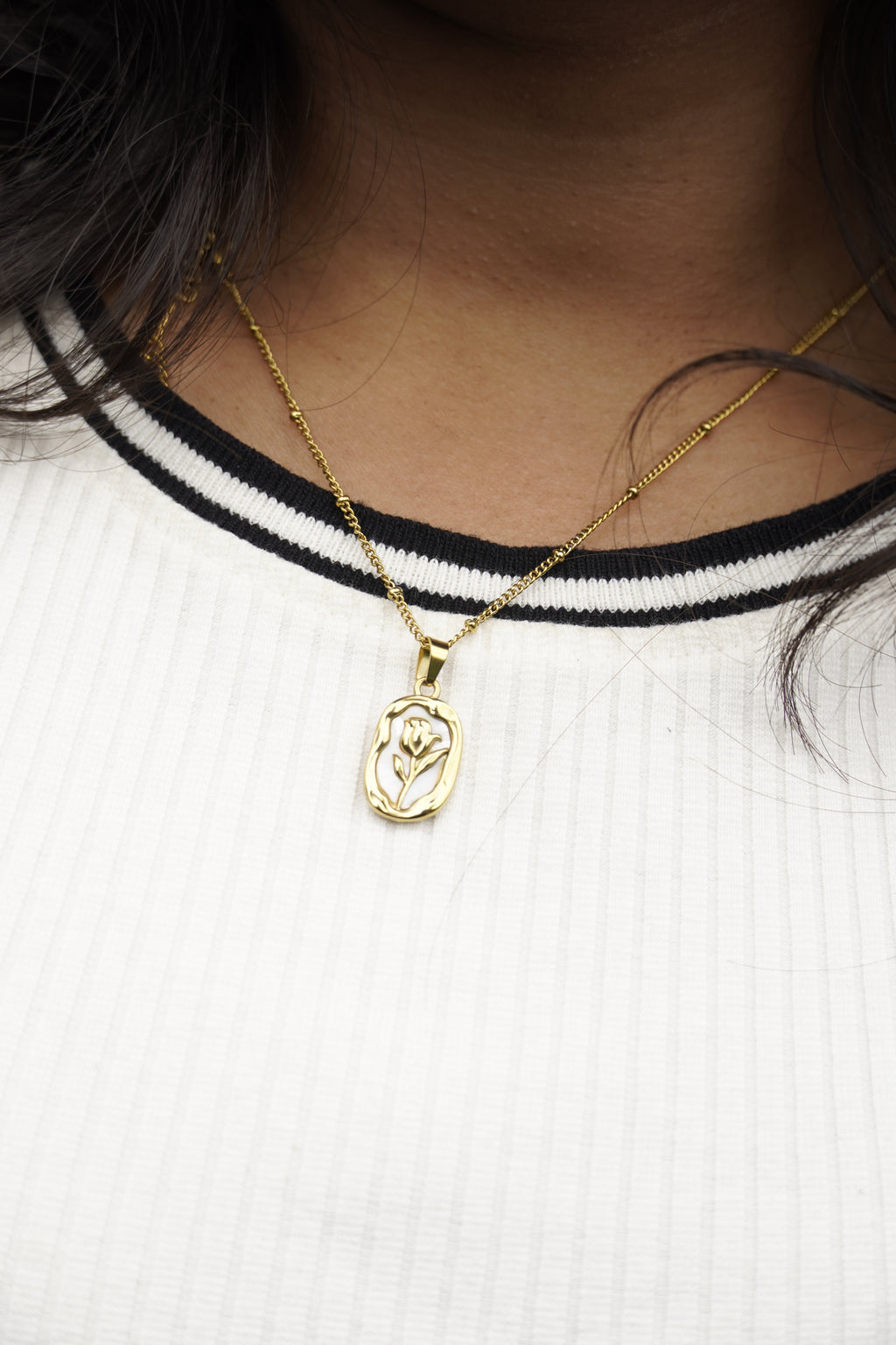 Anti-Tarnish Stainless Steel Gold White Rose Necklace