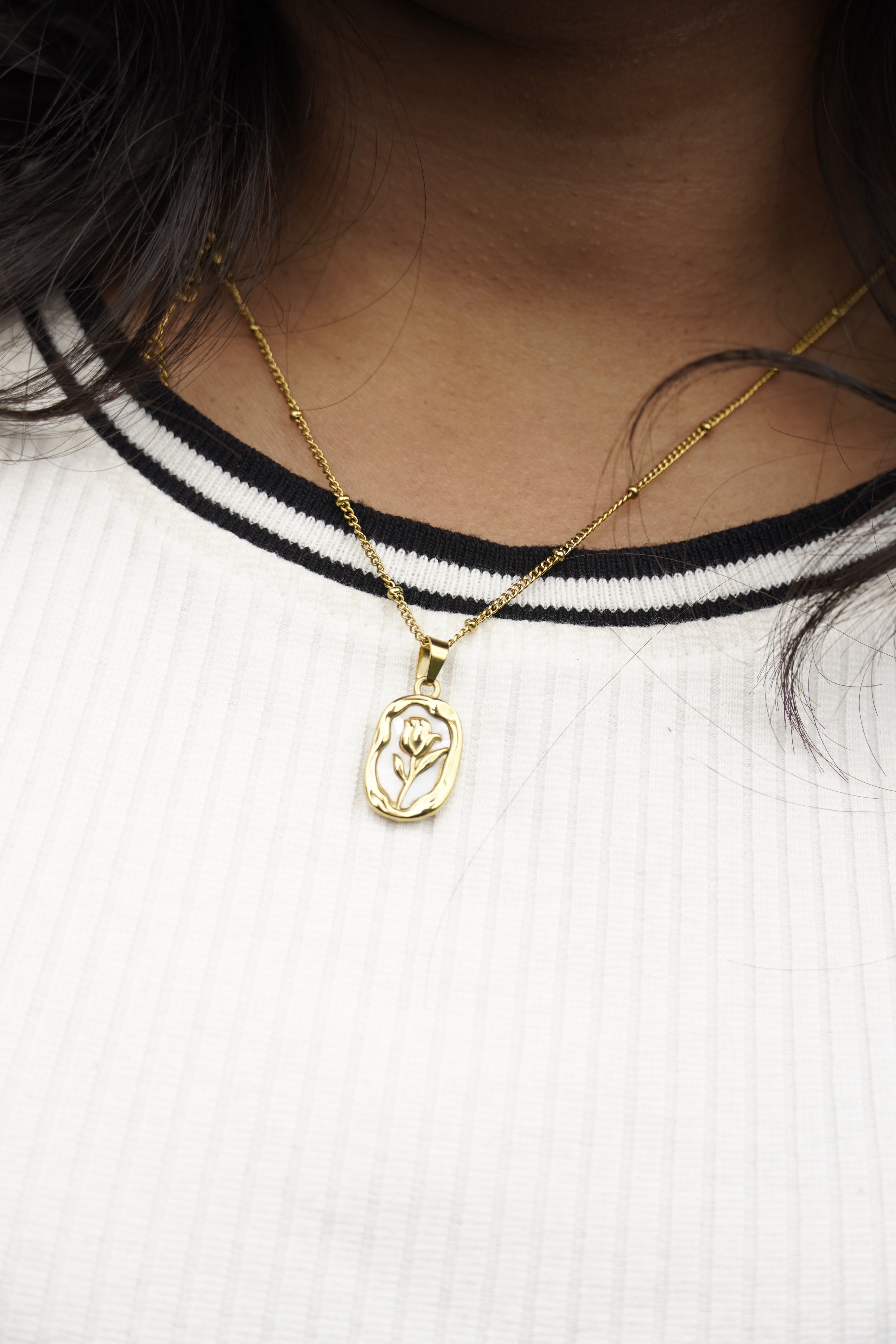 Anti-Tarnish Stainless Steel Gold White Rose Necklace